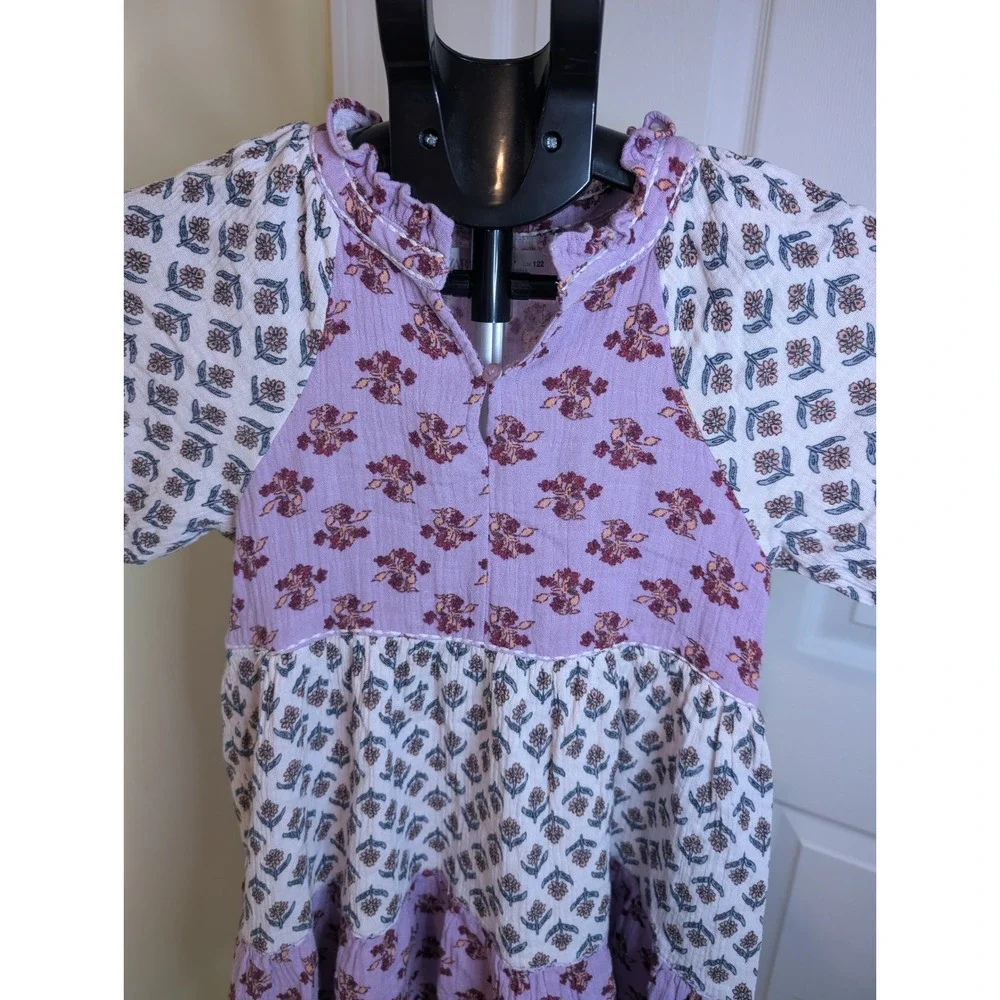 Zara Tiered Dress Kids Size 7 Lilac Floral Block Print Boho Puff Sleeve‎ Gauze
